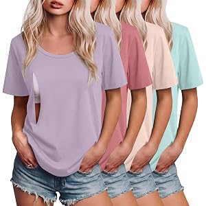 Ficerd 4 Pack Women's Maternity Nursing Shirts | Hidden Zipper, Pregnancy Clothes, Scoop Neck, Short Sleeve, Loose Fit, Breas
