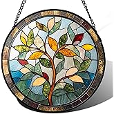 QZQCBLC Stained Glass Window Hanging Colorful Tree of Life 7.8" - Plant Leaves Suncatcher Door Garden Sun Catcher Home Decor Birthday Christmas for Mom Men Woman Nana Friend