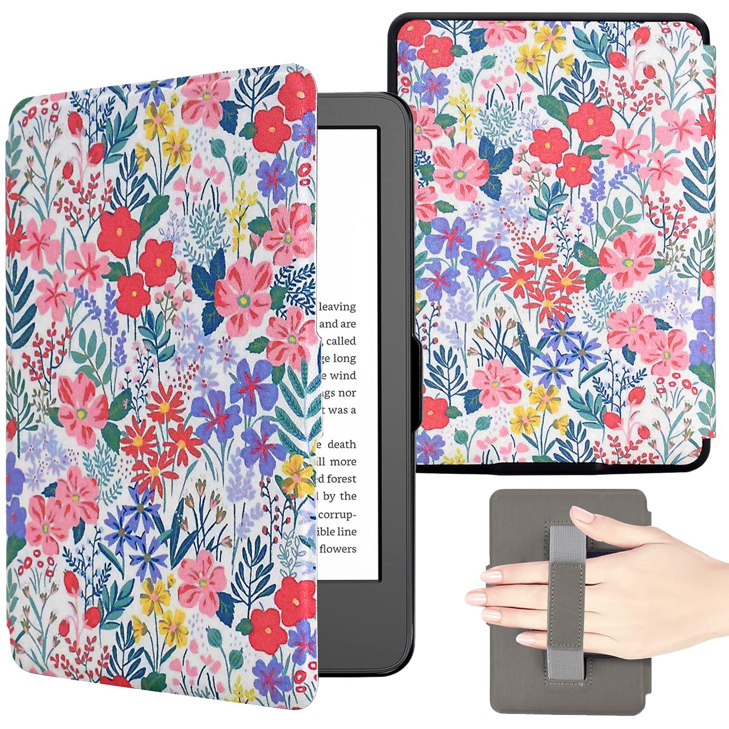 KEROM Case for 6.8" Kindle Paperwhite (11th Generation, 2021) and Kindle Paperwhite Signature Edition, PU Leather Protective Cover Case with Hand Strap, Card Slot, and Auto Sleep/Wake - Pink Floral