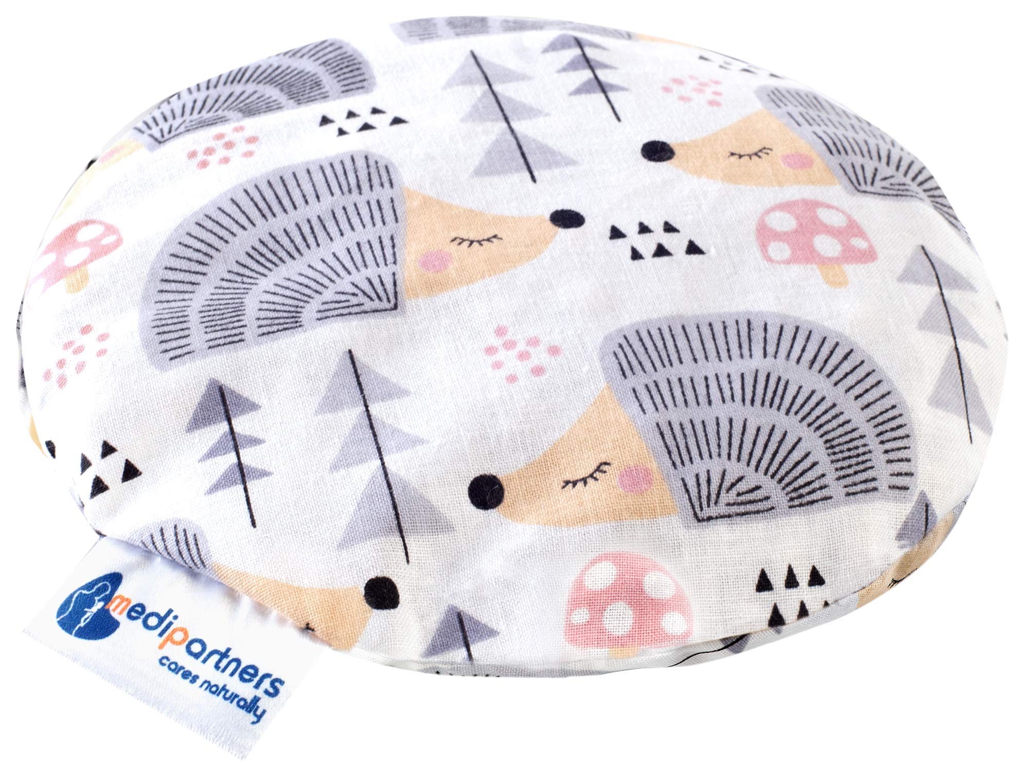 Medi Partners Cherry Stone Cushion Heat Pillow for Babies 180g Round 15cm Eco Natural 100% Cotton Heat and Cold Therapy Massage Therapy (Hedgehogs)