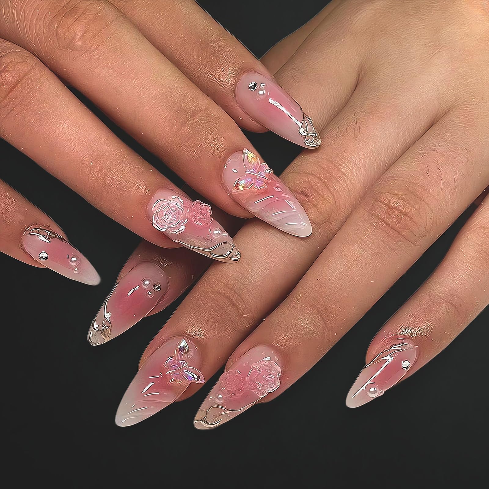 Bomesy Blush Pink Press on Nails with Flower Butterfly Pearl Charms 3D Water Ripple Golden Lines Design Medium Almond Cute Fake Nails for Women Girls Acrylic Faux Ongles a Coller (Almond Blush Pink)