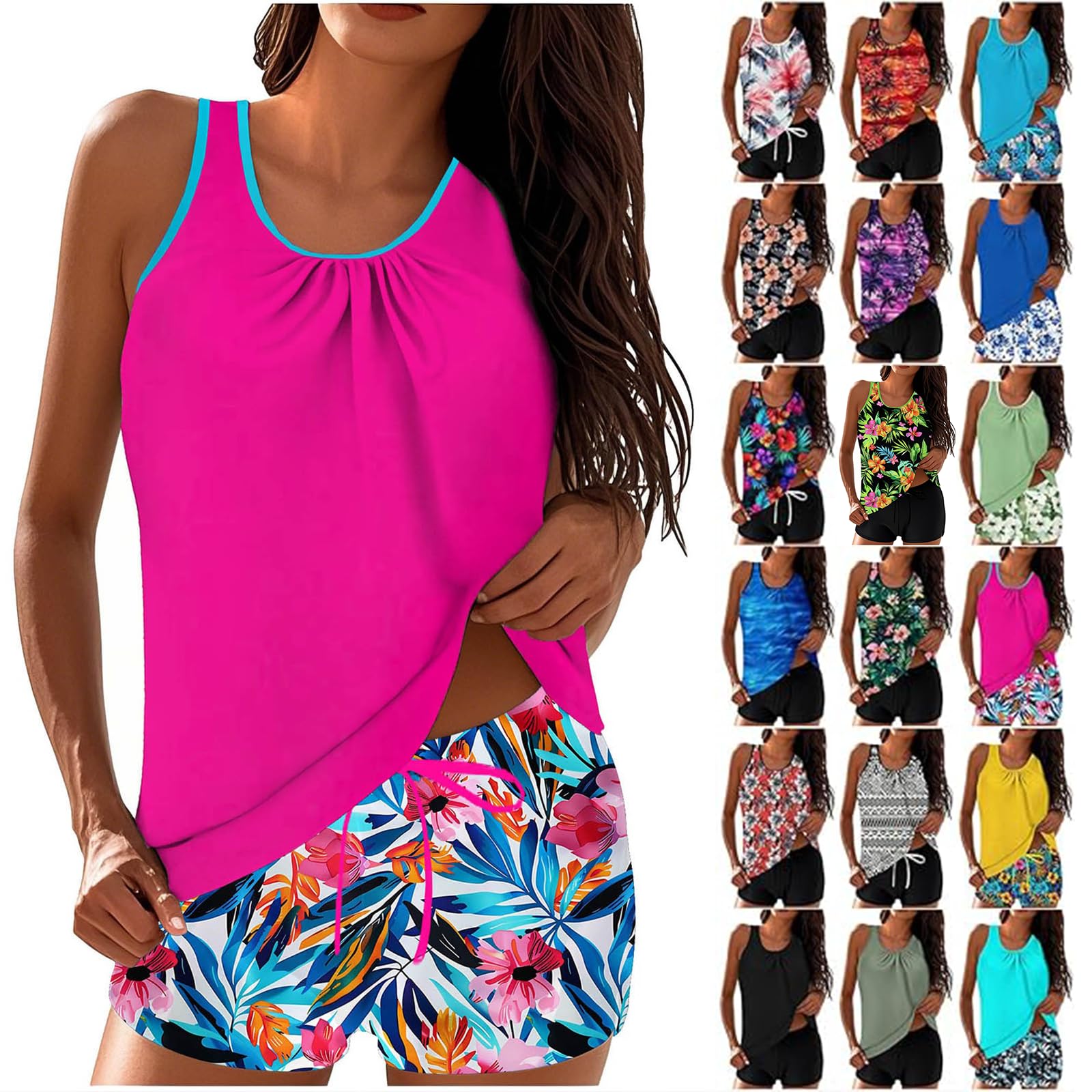Tankini Swimsuit for Women Travel Modest Bathing Suit Tummy Control Swim Tops and Shorts Swim Suit Tropical Swimwear