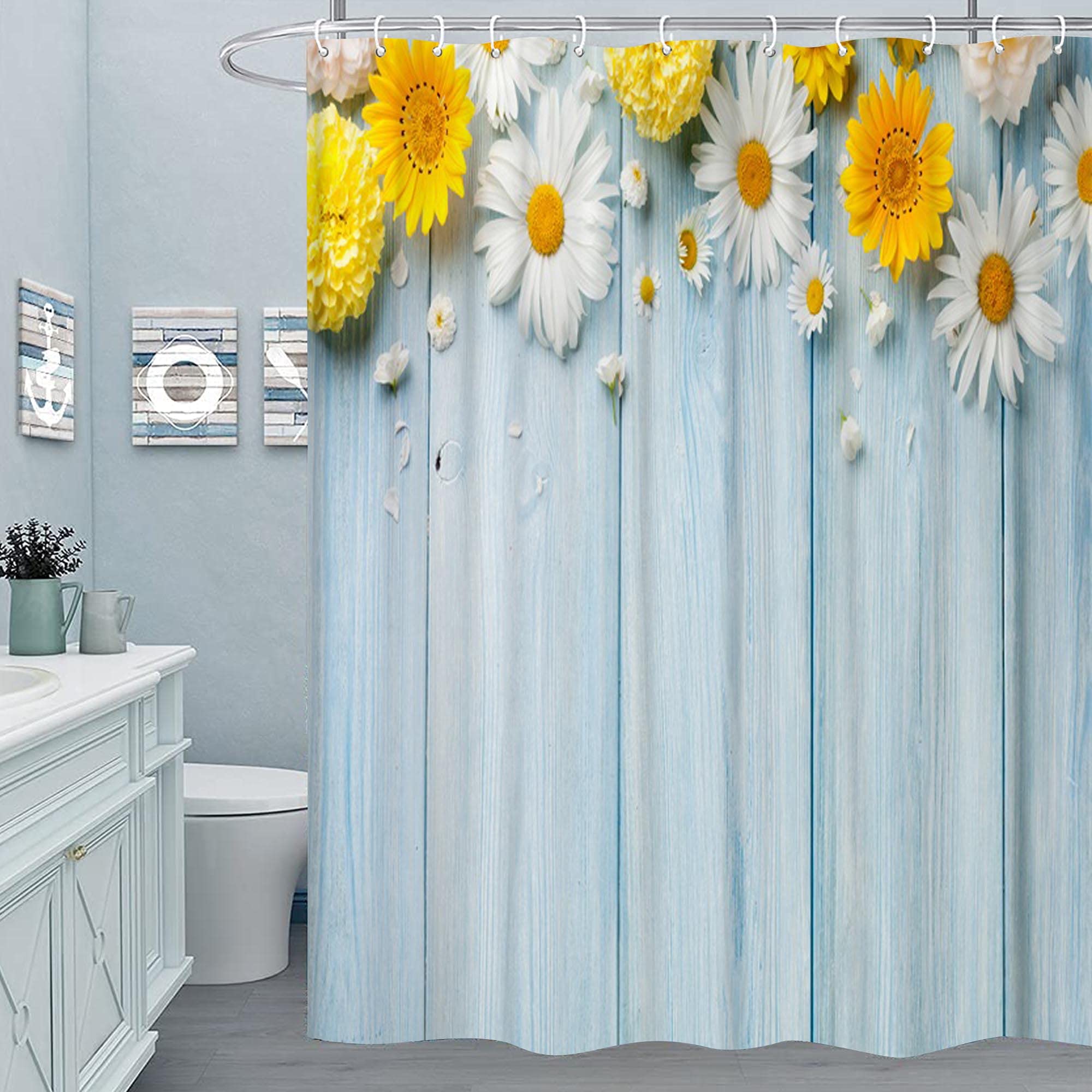 M&W DAS DESIGN Shower Curtain Camomile Textile Flowers Curtain Garden Yellow Mildew Resistant Turquoise Wood Peace Flora White Colourfast Natural Includes 12 C-Rings Weight Bottom 180 x 200 cm (W x H)