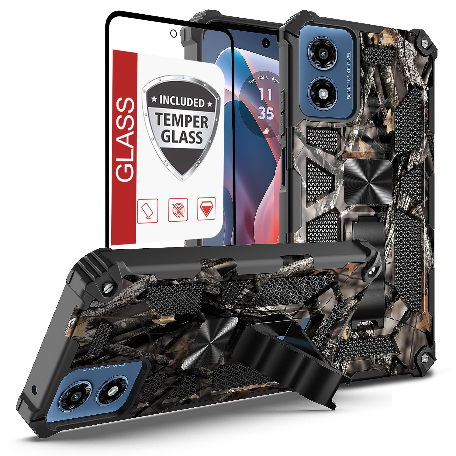 for Motorola Moto G-Play-2024 Phone Case(6.5 Inch) w/Tempered Glass Screen Protector(Full Coverage)[15FT Mil-Grade][Built-in Kickstand] Car Magnetic Protective Cover for Women Man Tree Camo Hunt