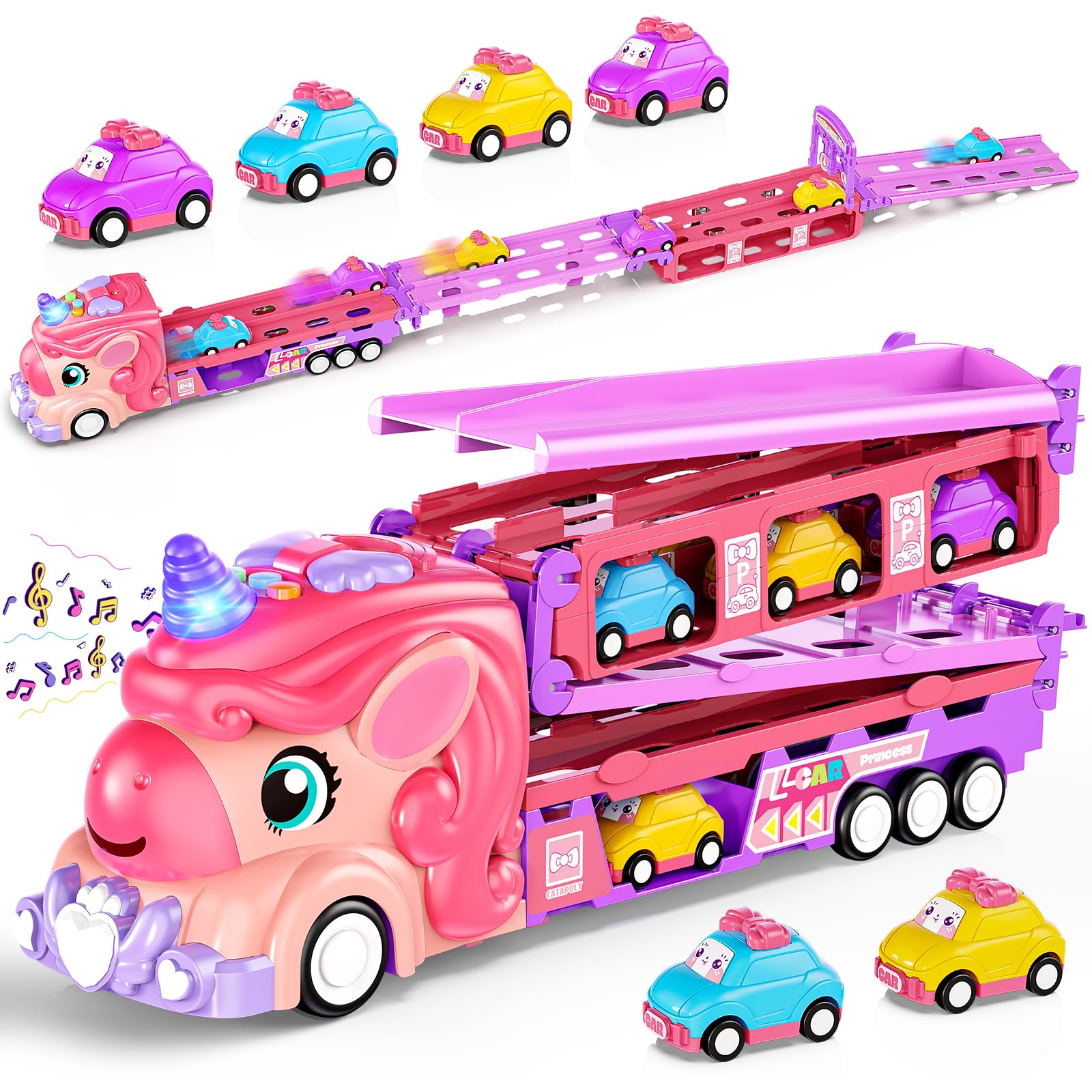 Unicorn Gifts for Girls, Unicorn Toys Transport Truck with 6 Mini Car, Unicorns Toy Cars for 2 3 Year Old Girls, Toddler Toys for Girl 2-3