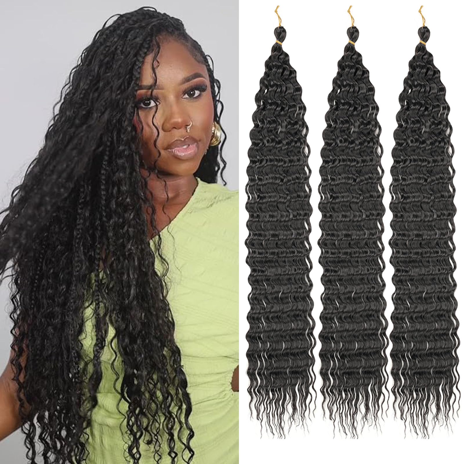 Samtress 30 Inch Ocean Wave Crochet Hair 3 Packs Natural Black Bohemian Twist Crochet Braids Hair Extensions Long Deep Wave Crochet Hair Synthetic for Women (#1B) — image 1