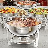 WARMOUNTS 5QT Round Chafing Dishes for Buffet with Glass Lid 4 Pack, Chafers and Buffet Warmers Set with Mirror-Polished Stainless Steel, Rolled Rim, Stackable, Lid Holder for Parties, Catering