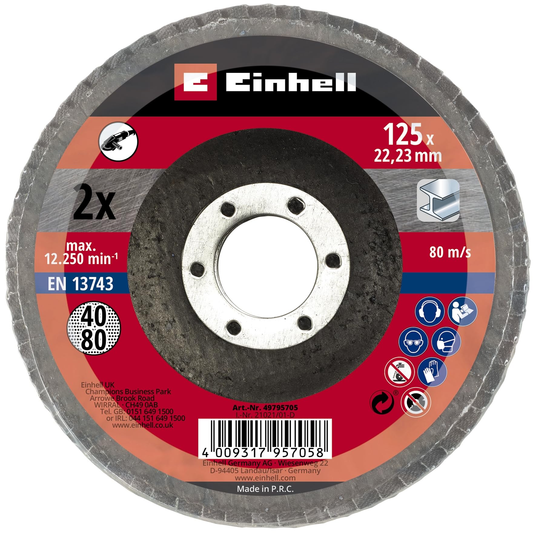 Original Einhell 2-Piece Serrated Disc Set (Angle Grinder Accessories, Grain P40 and P80, Diameter 125 x 22.23 mm, Sanding Mop, Flap Discs for Metal and Steel)