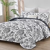 WONGS BEDDING Botanical Quilt Set Queen Size, Black 3 Pieces Toile Floral Plants Printed Bedspread Bedding Set Soft Lightweight Microfiber Coverlet Set for All Season (96"x90")