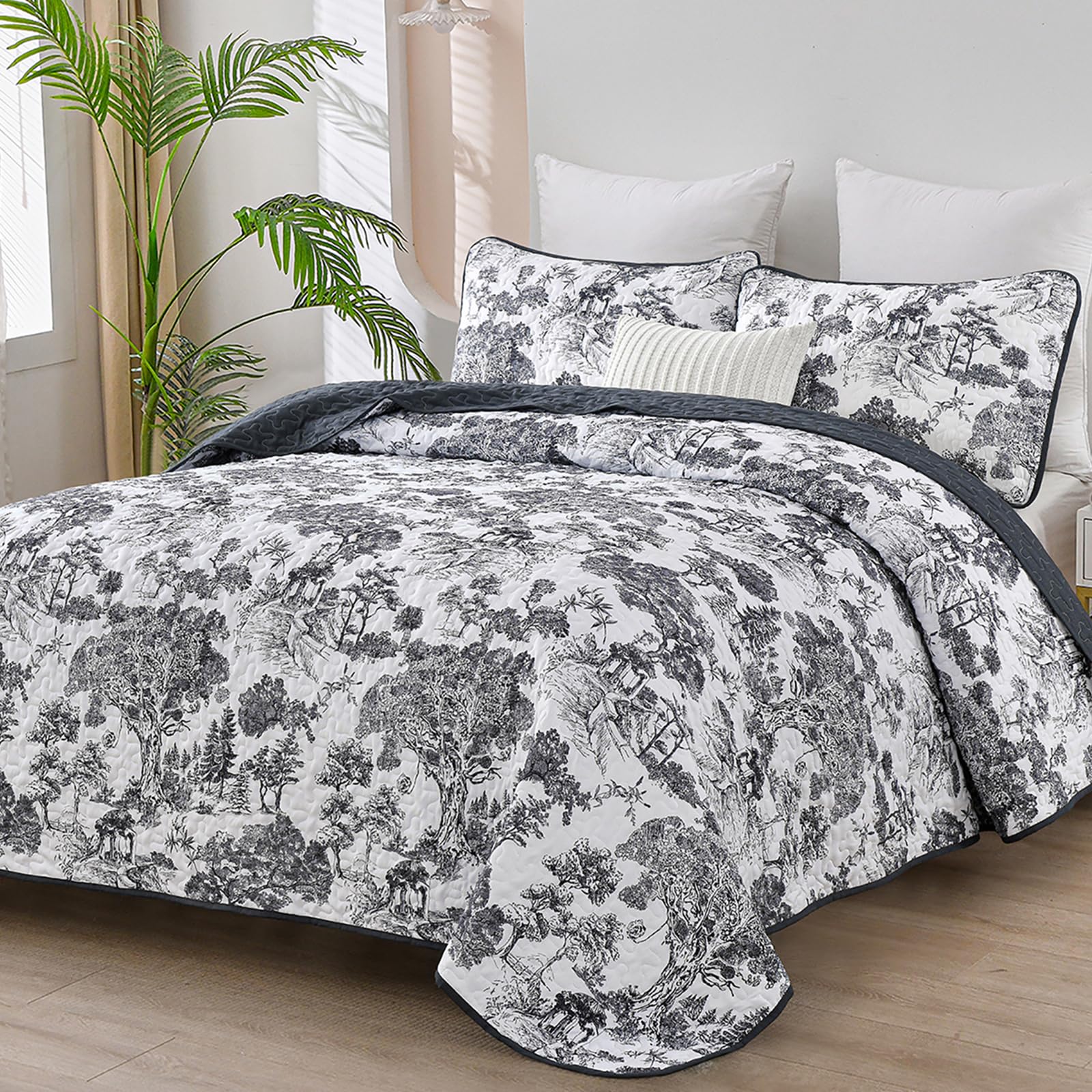 WONGS BEDDING Botanical Quilt Set Queen Size, Black 3 Pieces Toile Floral Plants Printed Bedspread Bedding Set Soft Lightweight Microfiber Coverlet Set for All Season (96"x90") Image