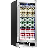 EUHOMY 15 Inch Beverage Refrigerator Cooler Under Counter 127 Cans Beverage Fridge Built-in or Freestanding with Glass Door, 