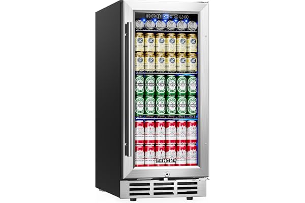 EUHOMY 15 Inch Beverage Refrigerator Cooler Under Counter 127 Cans Beverage Fridge Built-in or Freestanding with Glass Door, LED Light, Beer Fridge for Soda, Water, Wine - Home Kitchen Bar.