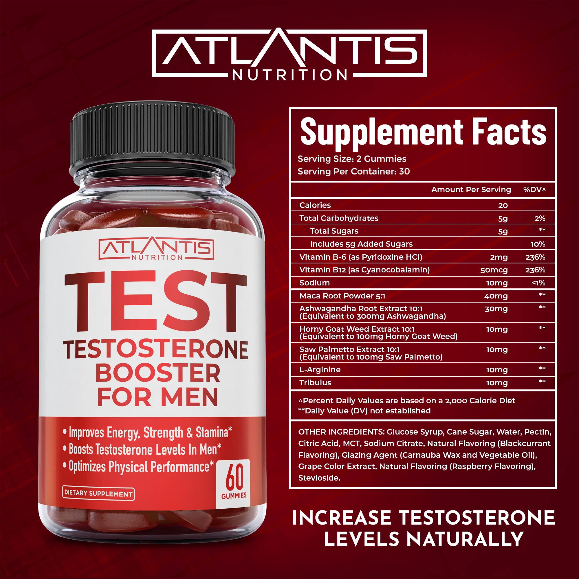 Atlantis Nutrition Testosterone Booster 60 Gummies + Sugar-Free Keto ACV Gummies 60
