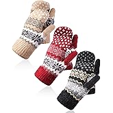 Vicenpal 3 Pairs Mittens for Women Cold Weather Winter Warm Lining Mittens Knit Thick Wool Gloves for Winter Cold Weather