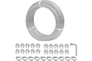 1/8 Galvanized Steel Wire Rope Cable, 100FT Galvanized Steel Cable with Rope Clamp and Thimble, 7X7 Strand Core Aircraft Cabl