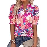 BTFBM Summer Blouses for Women Dressy Casual 2026 Fashion Spring Tops Floral Boho V Neck Puff Short Sleeve Top Shirts