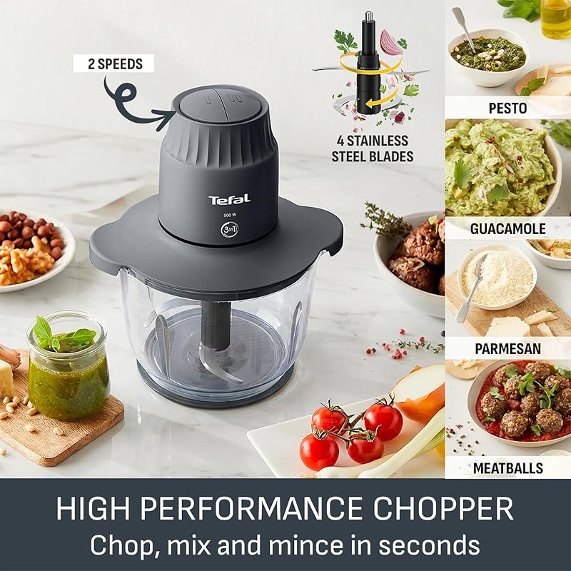 Choppeo MB603BG1 - Mini processador de alimentos, taça de vidro XXL de 2 litros com tapete antiderrapante, tampa de armazenamento, 2 velocidades, 500 W, cinzento