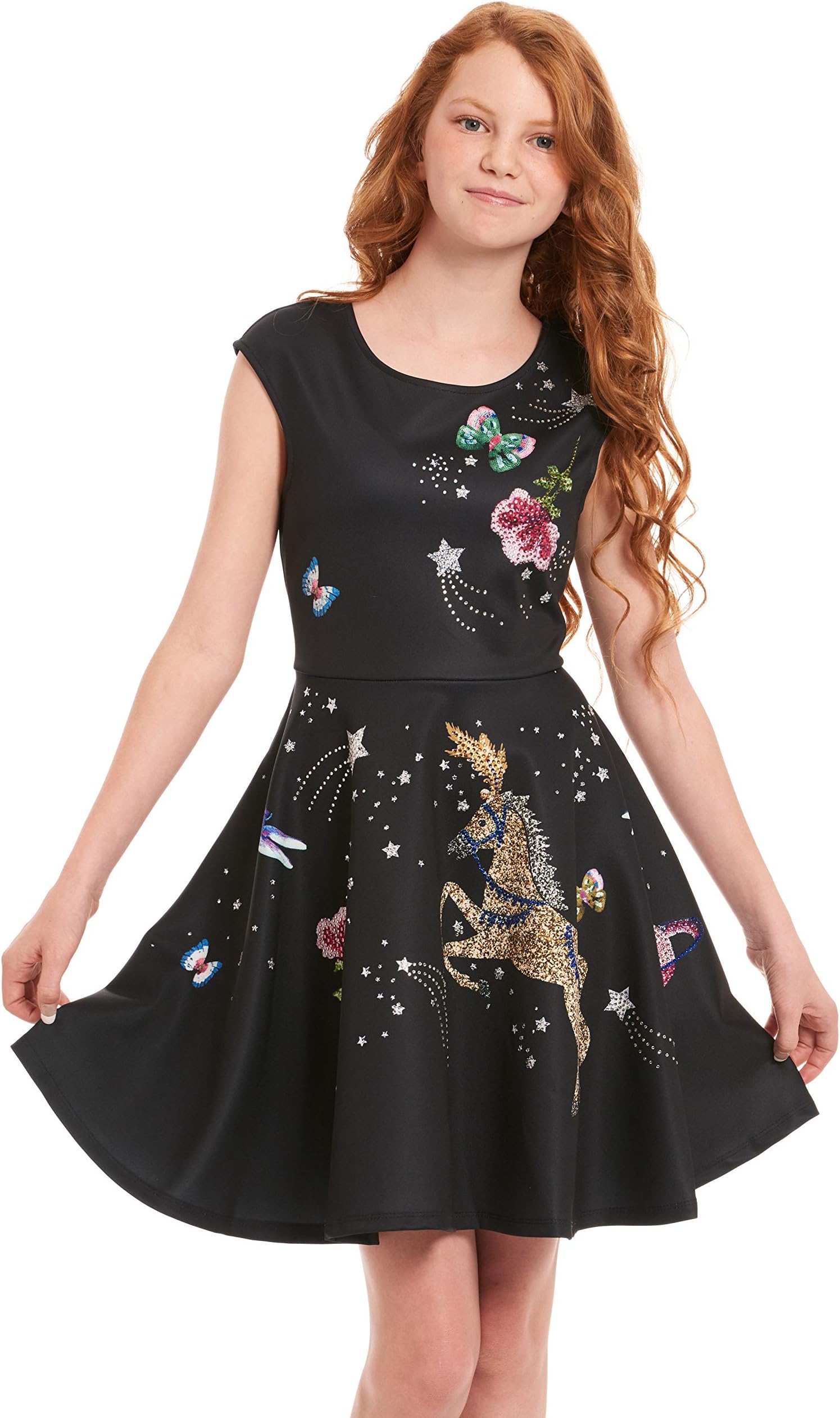 Truly Me, Big and Little Girls' Skater Scuba Dress with One-of-A-Kind Artwork and Rhinestone Embellishments, Size 4-6X, 7-16