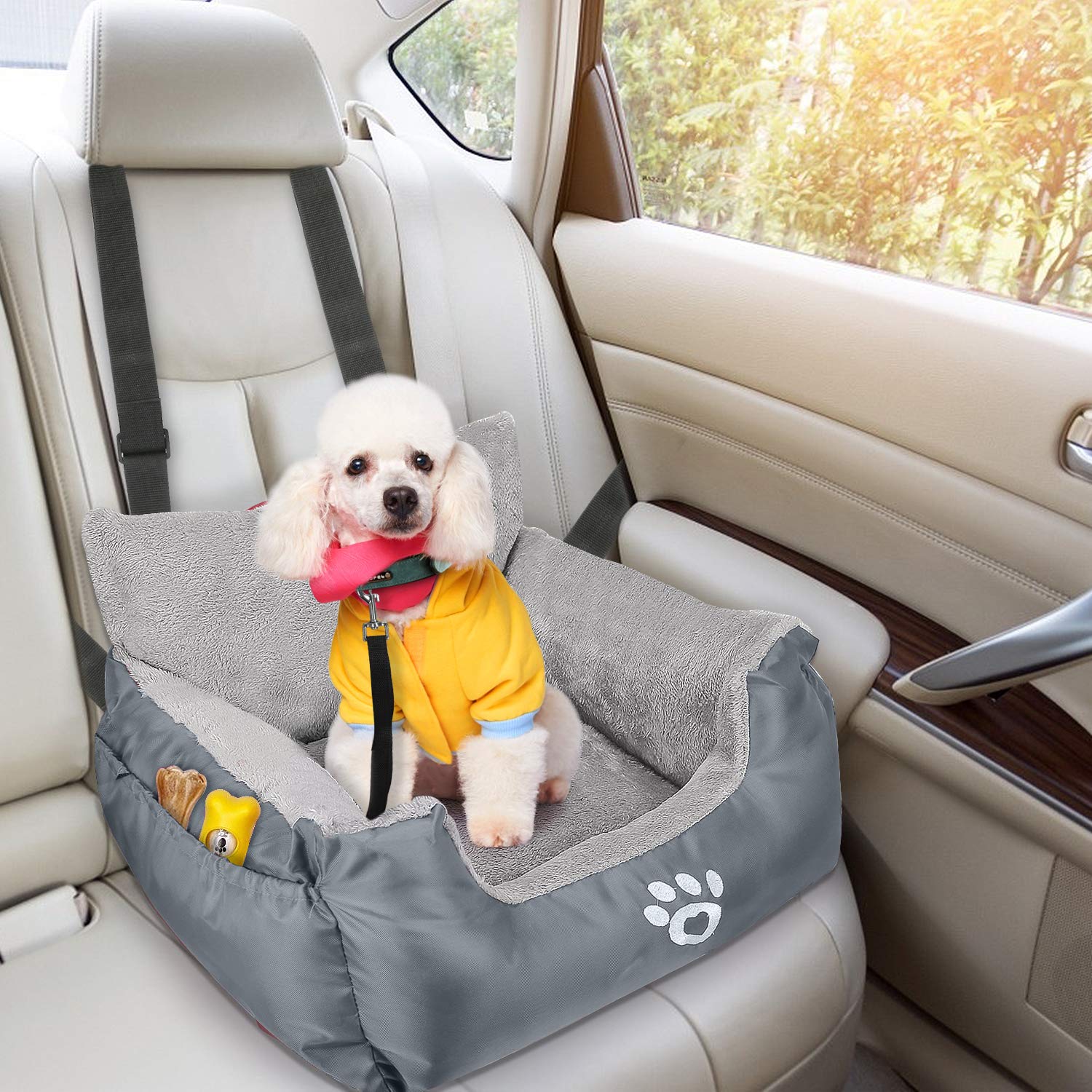 FAREYY Dog Car Seat for Small Dogs or Cats, Pet Booster Seat Travel Dog Car Bed with color may veryStorage Pocket and Clip-On Safety Leash, Washable Warm Plush Dog Car Safety Seats