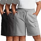 Neer 3 Pack Women's Plus Size Cargo Shorts Elastic Drawstring Bermuda Short Casual Loose Athletic Yoga Shorts with 4 Pockets