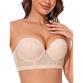 Crushnow Longline Strapless Push Up Bras for Women Multiway Padded Uplift Corset Lace Bra Underwire Support
