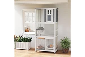 PawHut 74" H Wooden Catio Cat Enclosure, Indoor Outdoor Kitten House with Weatherproof Asphalt Roof & Brake Wheels, Resting B