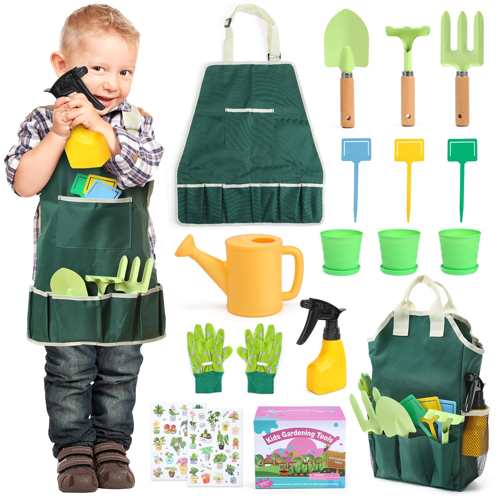Photo 1 of CUTE STONE Kids Gardening Tool Set, 20PCS Gardening Toys Includes Metal Rake,Fork,Trowel,Apron,Gloves,Watering Can,Tote Bag and Strickers, Garden Tool Kit for Kids, Outdoor Toys Gift for Boys Girls