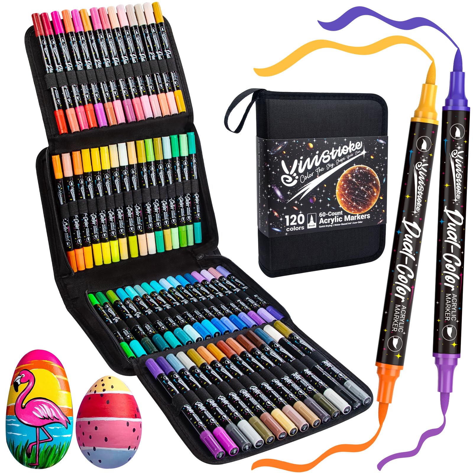 Photo 1 of Vivistroke 120 Colors Acrylic Paint Markers?60 Pack Acrylic Paint Pens with Dual-Color Brush Tips, Quick-Drying, No Bleeding, Waterproof for Pumpkin,Rocks,Glass,Wood,Plastic,Metal,Coloring Book