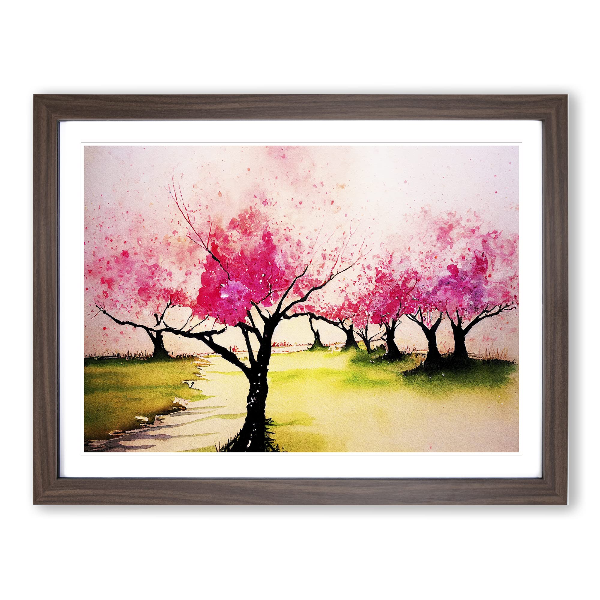 Delightful Cherry Blossom Trees Framed Print | A3 Walnut Framed Wall Art | Ready to Hang | Modern Floral Picture | Living Room Bedroom Lounge Office