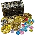 HOPELJ Kids Mini Pirate Treasure Chest Toy Kit - Plastic Small Chest Box With 12 Skull Gold Coins, 24 Gems, 1 Ring for Boys and Girls Halloween Party Favor Costume Prop