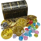 HOPELJ Kids Mini Pirate Treasure Chest Toy Kit - Plastic Small Chest Box With 12 Skull Gold Coins, 24 Gems, 1 Ring for Boys and Girls Halloween Party Favor Costume Prop