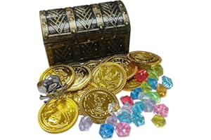 HOPELJ Kids Mini Pirate Treasure Chest Toy Kit - Plastic Small Pirate Chest Box with 12 Skull Gold Coins, 24 Gems, 1 Ring for Boys Girls Halloween Party Favor Pirate Costume Prop