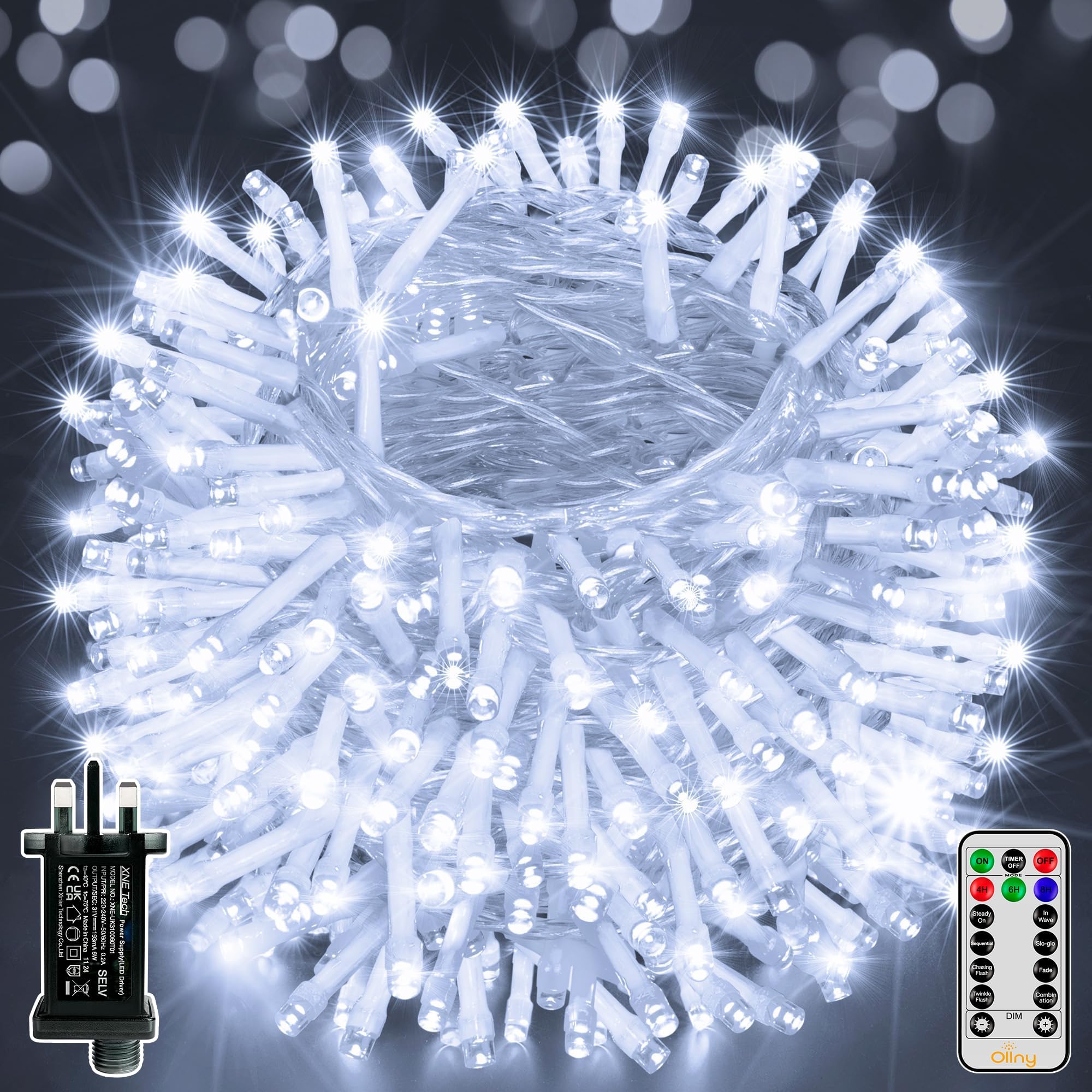 Ollny Fairy Lights Mains Powered, 60m 600 LED Outdoor String Lights, Cool White Waterproof Garden Light with Plug/Timer/8 Modes/Dimmable for Outside/Indoor/Window/Wedding Decorations