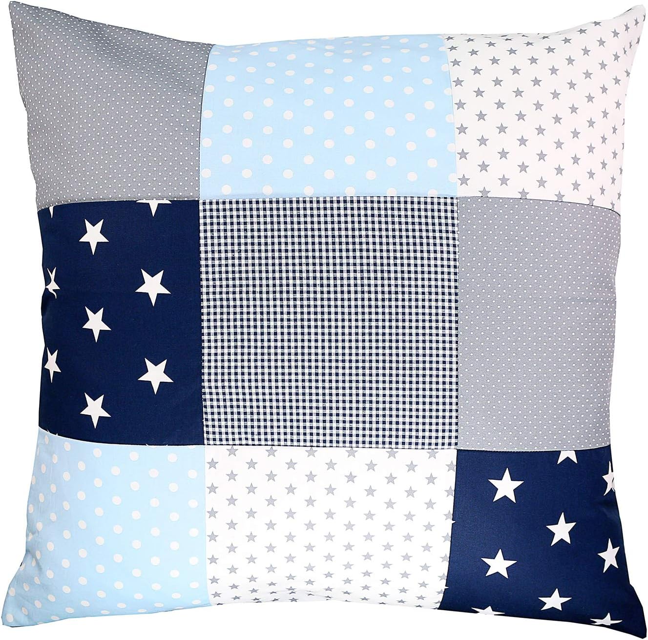 Soft Cotton Nursery Throw Pillow Cover by ULLENBOOM | Polka Dot/Star/Checkered | Decorative Euro Sham | 26” x 26” - Unisex Blue/Grey