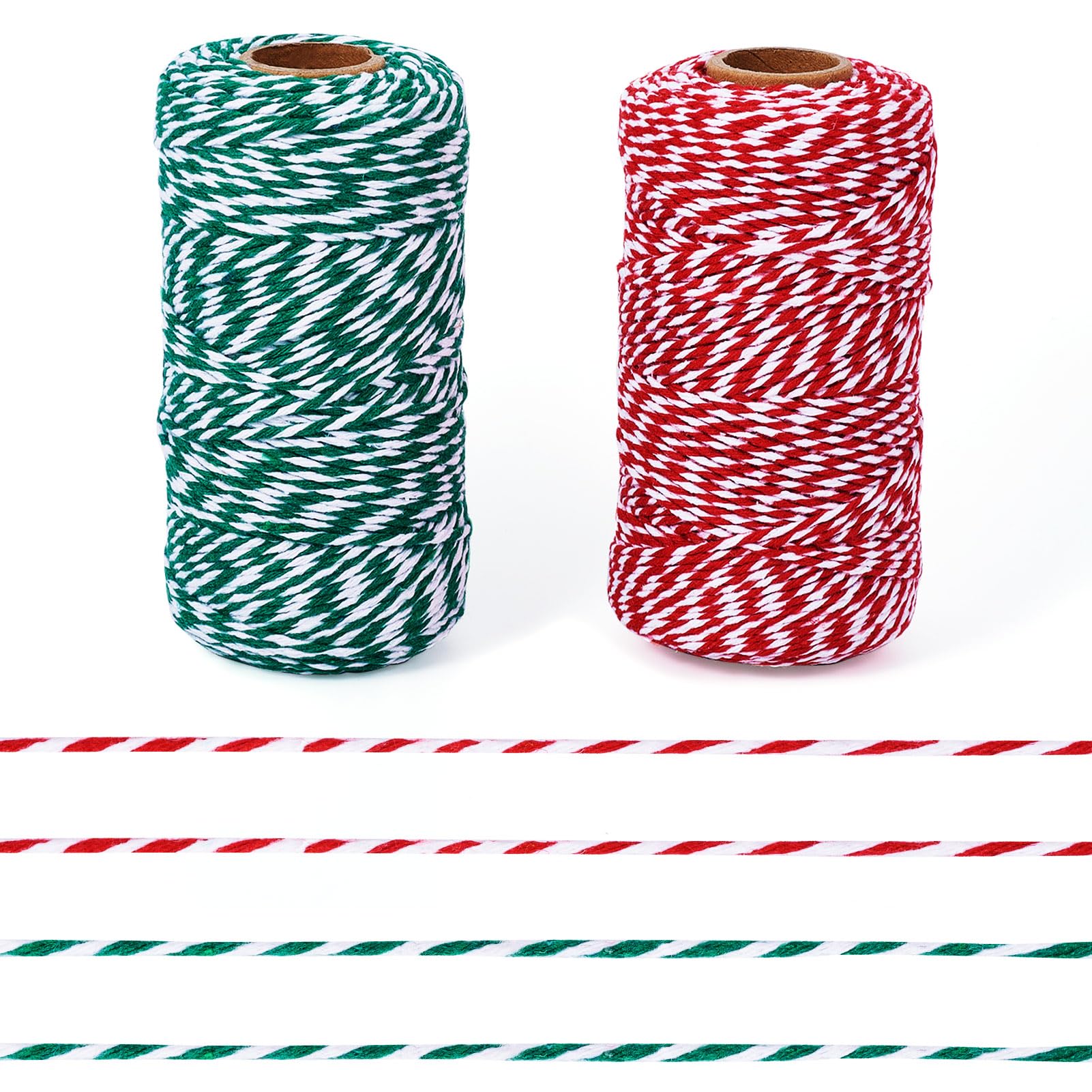 Crafans 2 Rolls Christmas Colored Cotton String Threads 2mm 2 Colors Twisted Macrame Cords Gift Wrapping Cords Crafts Cotton Threads for DIY Handicraft Art Crafts