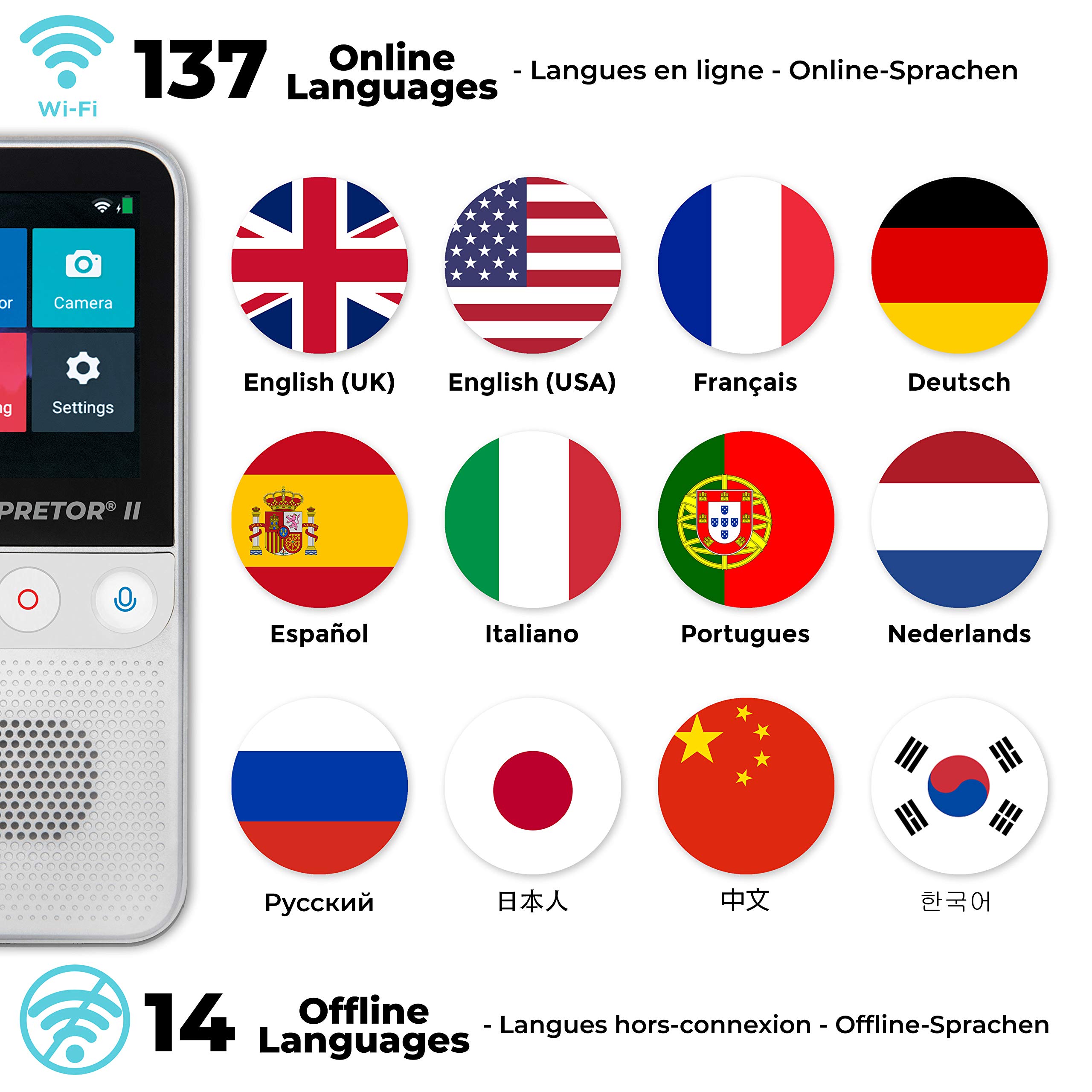 LEXiBOOK NTL3000 Interpretor 2-137 Languages Instant Voice, Photo, Memo Translation, Multilingual Portable Speaking, Earphones Jack, Wi-Fi and Offline