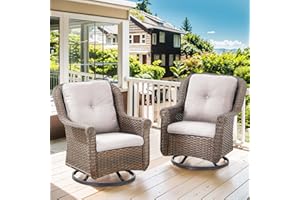 Bellefurn Patio Swivel Glider Chairs Brown Rattan Patio Chairs with Chrysanthemum Armest & Water-Resistant Thickened Cushions for Garden Balcony Backyard, Beige Cushions Swivel Chair(2PCS)