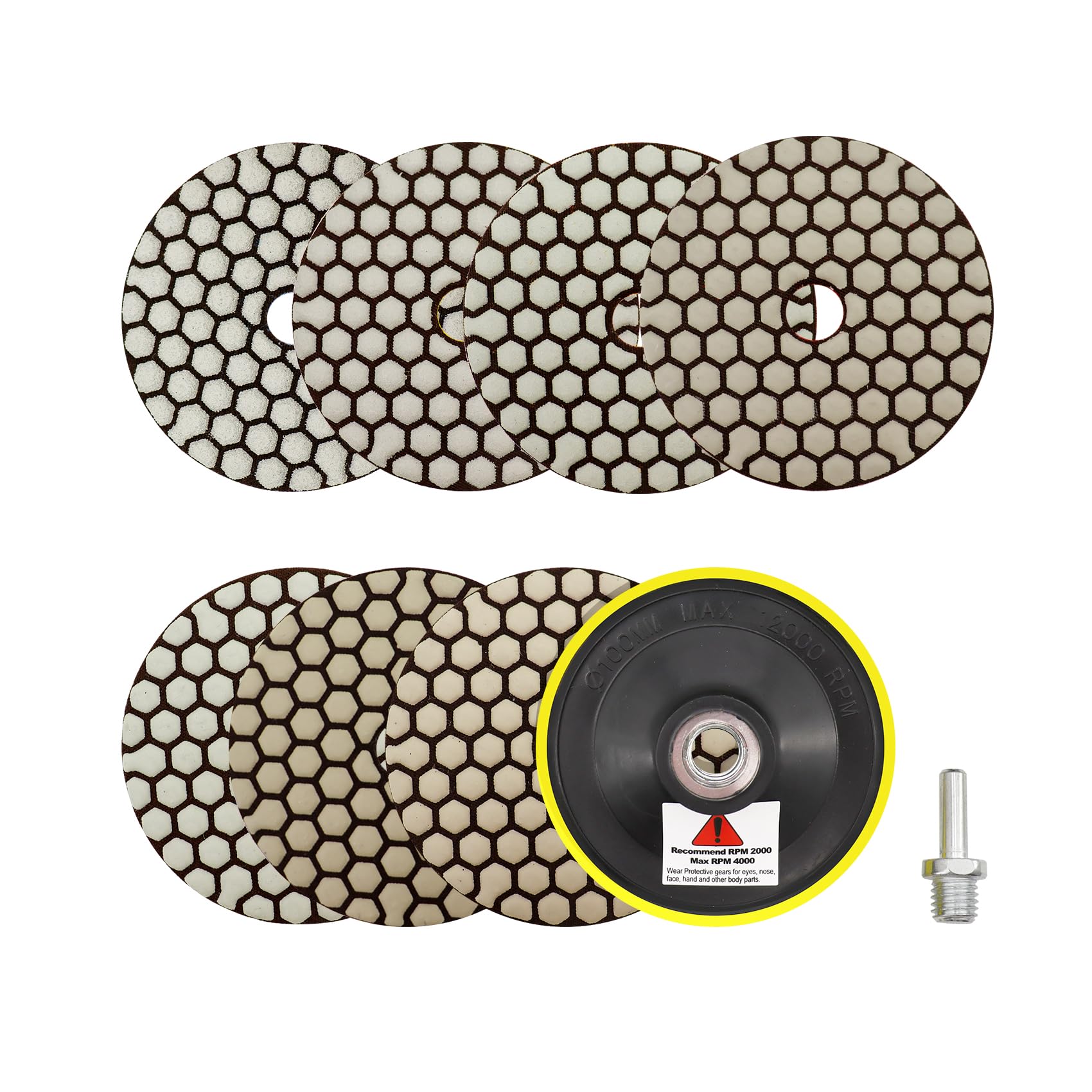 Dry Diamond Polishing Pads 4"/100mm - 7pcs Grit 50/100/200/400/800/1500/3000 Polish Pad Kit with M14 Backer Pad+Adapter for Granite Marble Artificial Stone Quartz for Angle Grinder SANLEETEK