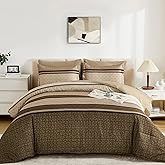 WONGS BEDDING Comforter Set King Size 7 Pieces, Earth Tones Bed in a Bag Striped Bedding Set, Minimalist Geometric Soft Lightweight Micorfiber Comforter with Pillowcases & Shams,Sheets (90"×104")