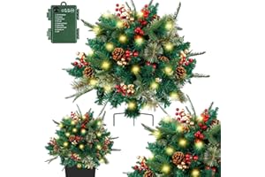 ANOKIA Topsworth Prelit Planter Bushes, Lighted Artificial Christmas Urn Filler, Christmas Urn Filler, Holiday Planter Filler Decorations, Pre-lit Xmas Pine Trees with Cones, Red Berries (Green)