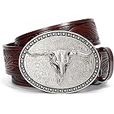 SANSTHS Western Belt Cowboy Belts for Men Women, Western Leather Belts Bull Buckle Belt Embossed Leather Belt for Jeans