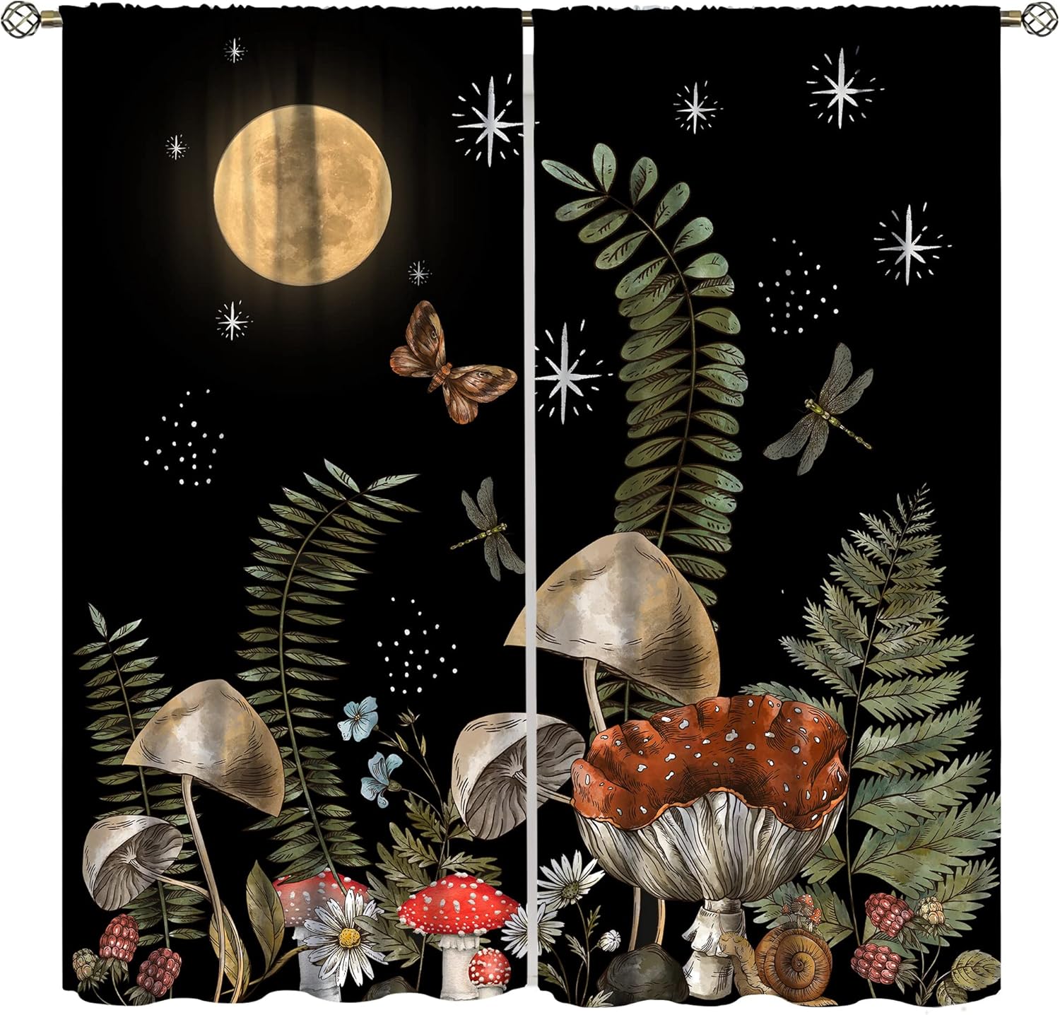 Outdoor Curtains - Vintage Mushroom Bedroom Curtains,Moon Star Forest Plant Butterfly Floral Print Curtains, Home Bedroom Living Room Kitchen Window Drapes 42x45 Inch