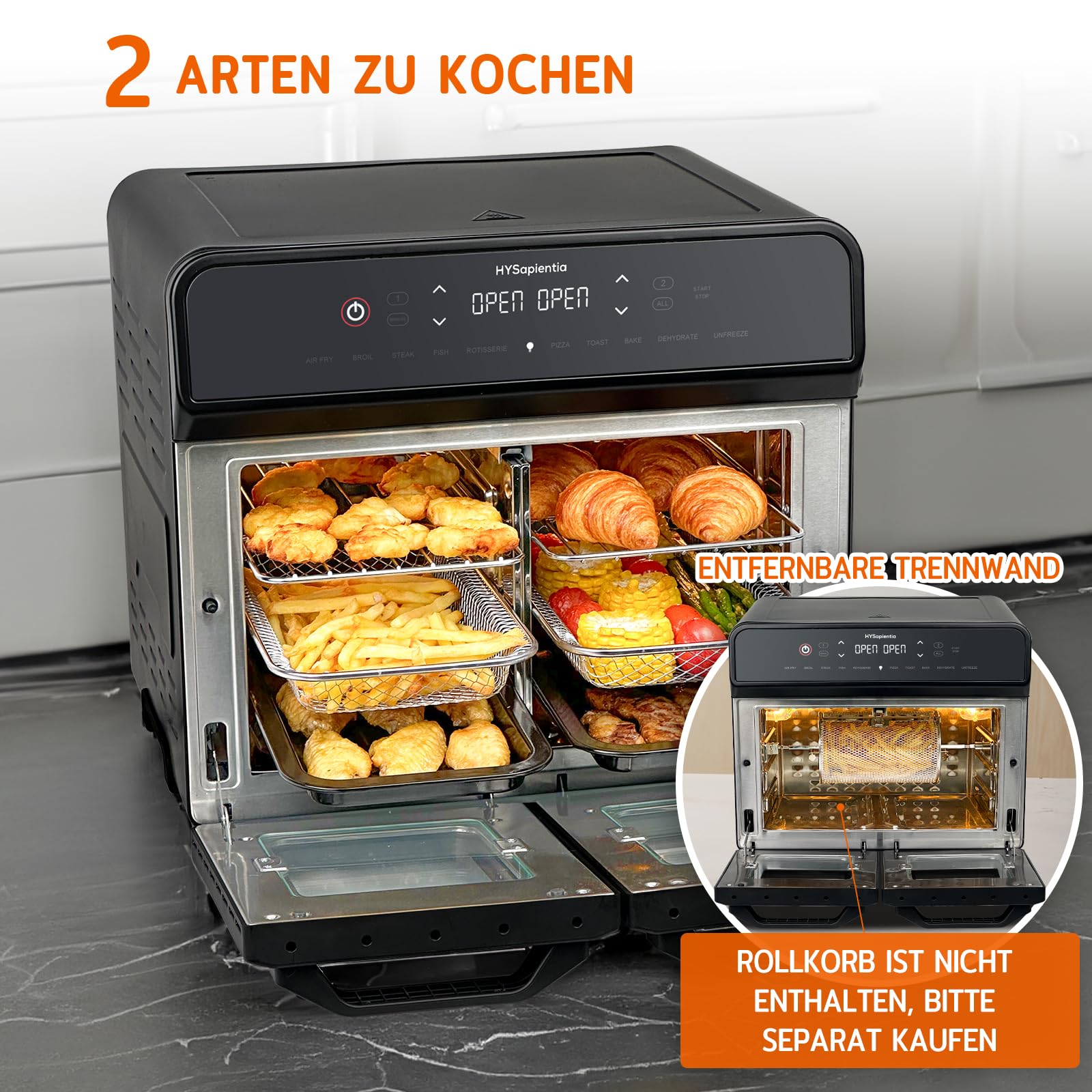 HYSapientia 22L heißluftfritteuse 2 kammern XXL Minibackofen mit Umluft,LED-Touchscreen,10 Programmen, Heissluftfritteuse Dual Zone airfryer Oven,Zwei Kochmodi mit Teilerplatte,Edelstahl,Rotisserie 3