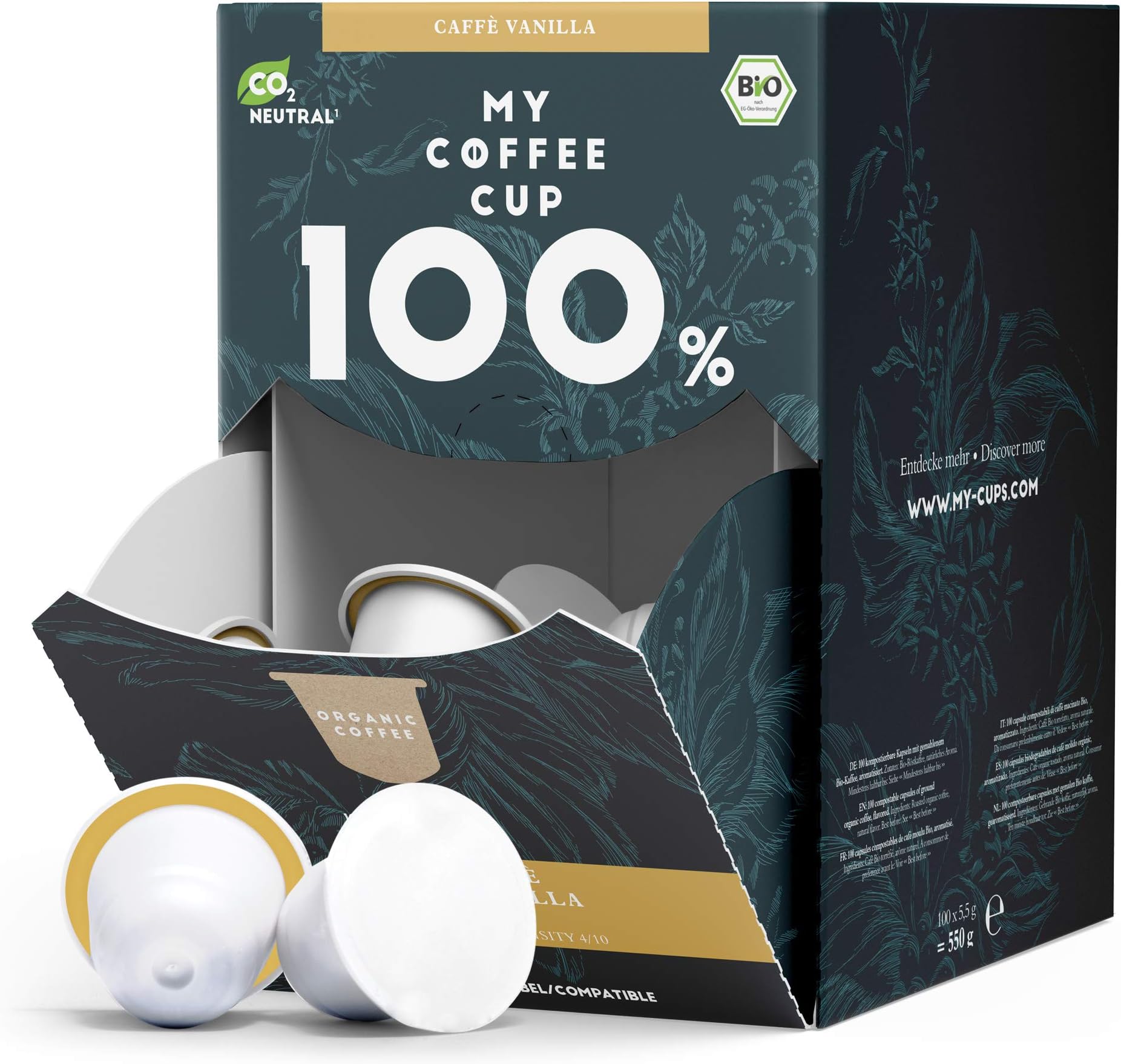 My Coffee Cup Mega Box Organic Caffè Vanilla Coffee Capsules - Premium Beans & Rich Flavours - 100 Coffee Capsules Compatible with Nespresso®³ Machines - Compostable² Alternative to Aluminium Pods