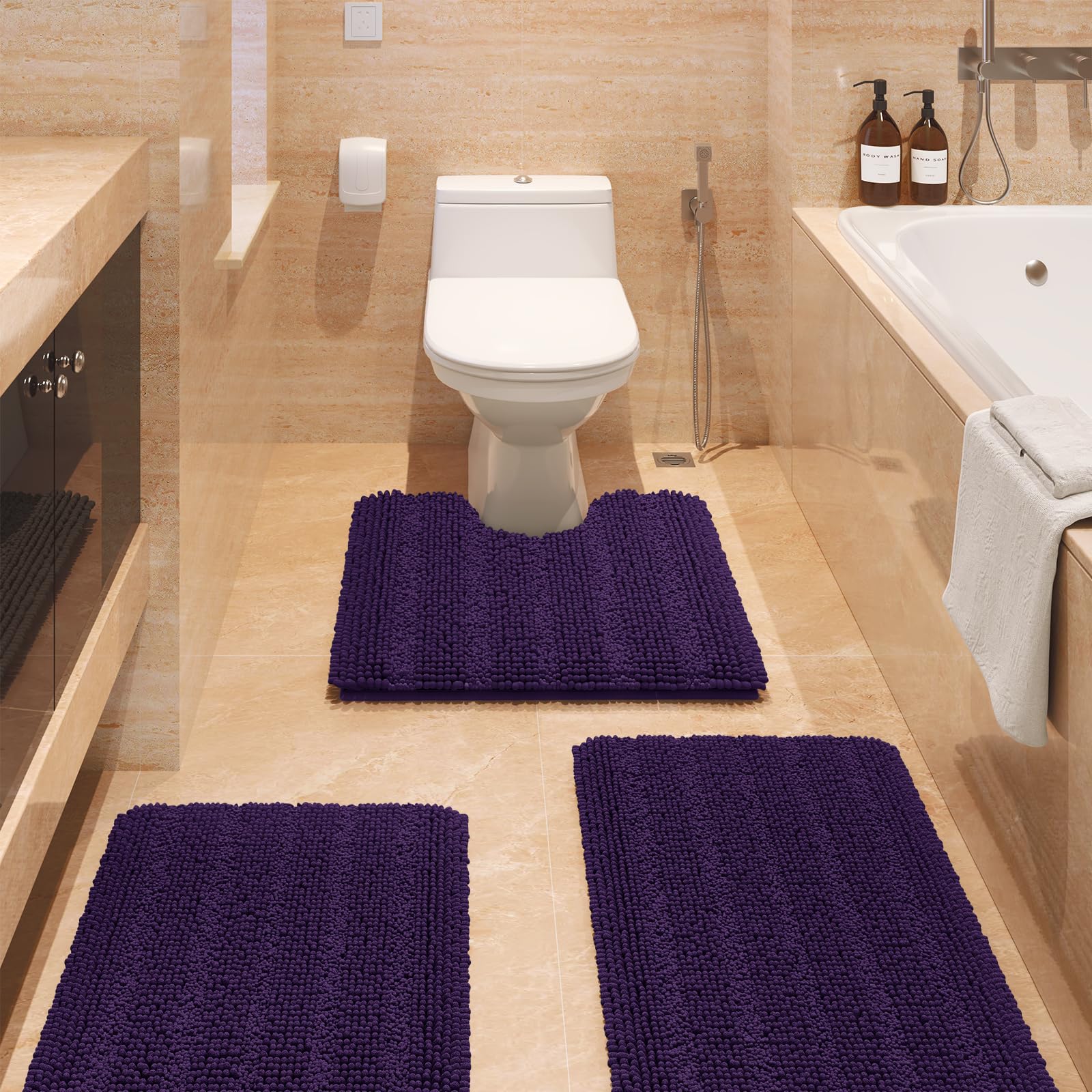 Striped Eggplant Purple Bathroom Rug Set 3 Pieces Ultra Soft, Non Slip Chenille Bath Carpet, Absorbent Plush Shaggy Bath Mats for Bathroom, Toilet, Bedroom, Kitchen Image
