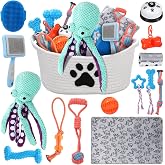 Zopeal 17 Pcs Puppy Gift Set, Dog Toy &amp; Essentials Bundle, White, Octopus | with Chew Toys, Poop Bag Dispenser, Grooming Brush, Training Bell, Blanket &amp; Rope Basket