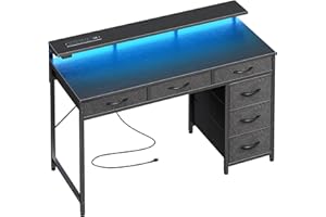 Huuger Gaming Desk with 6 Drawers, Computer Desk with LED Lights Power Outlets and Type-C, 39 Inch Office Desk with Storage, 