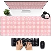 Pink Minimalist Gingham Floral Desk Mat Gaming Mouse Pad Large Cute Pastel Desk Pad Deskmat Kawaii, Women Office Desk Cover Mat, Laptop Computer Keyboard Mat Mousepad Desk Accessories 31.5"x11.8"