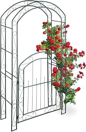 Relaxdays Rosenbogen Mit Tur Garten Rankhilfe Kletterpflanzen Torbogen Metall Wetterfest Hbt 215 X 115 X 43 Cm Grun Amazon De Garten
