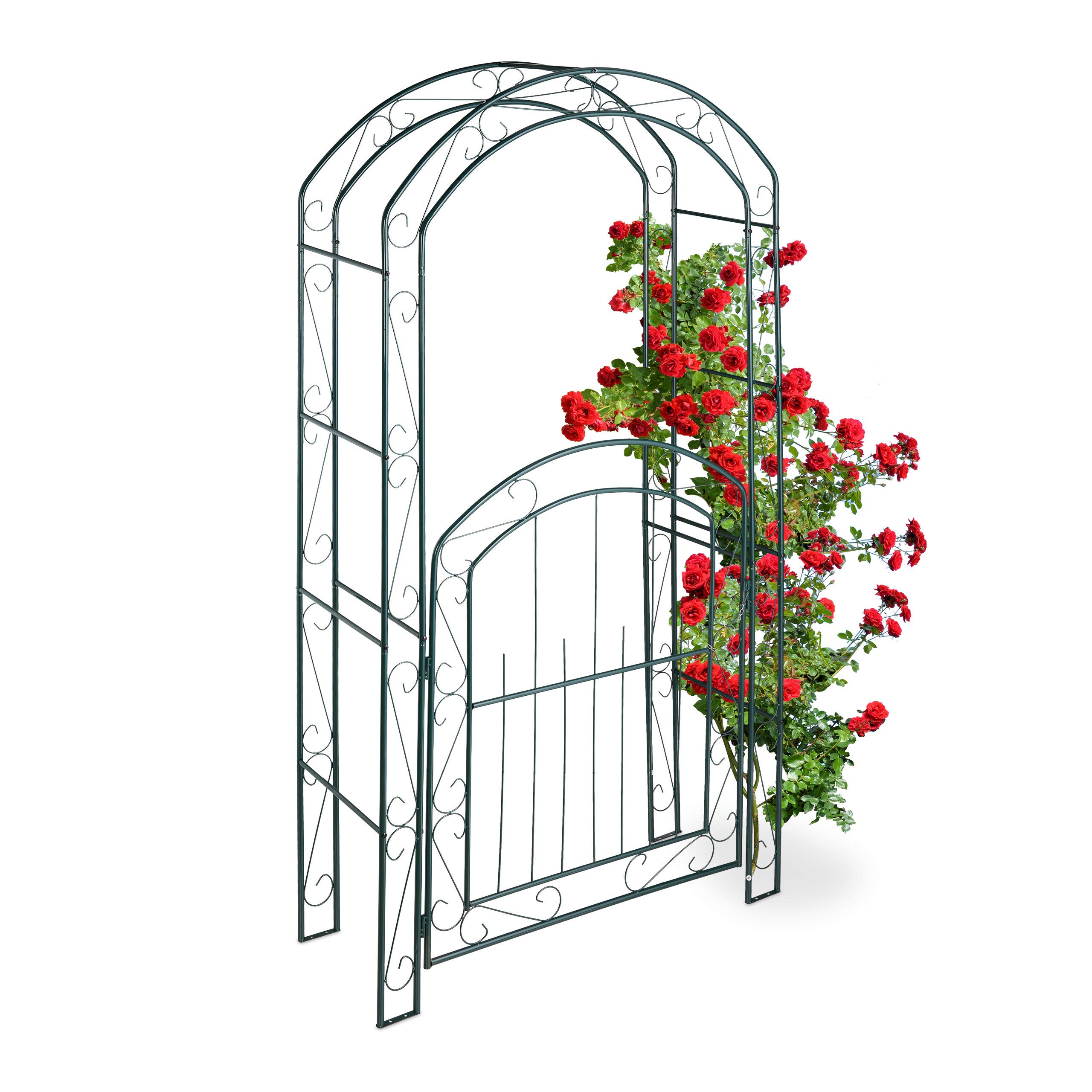 Relaxdays Rose Arch with Gate, Garden Growth Support, Metal Trellis, Weatherproof, HWD 215 x 115 x 43 cm, Green